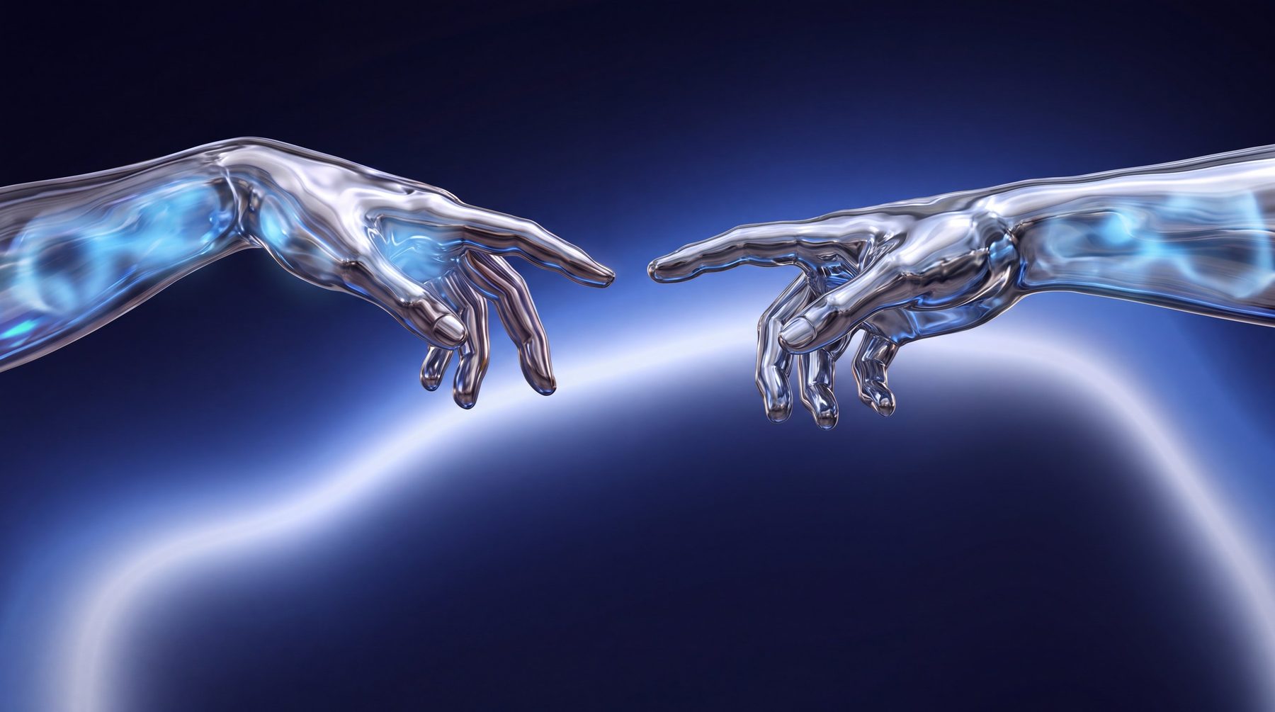 A robotic hand and a human hand about to touch