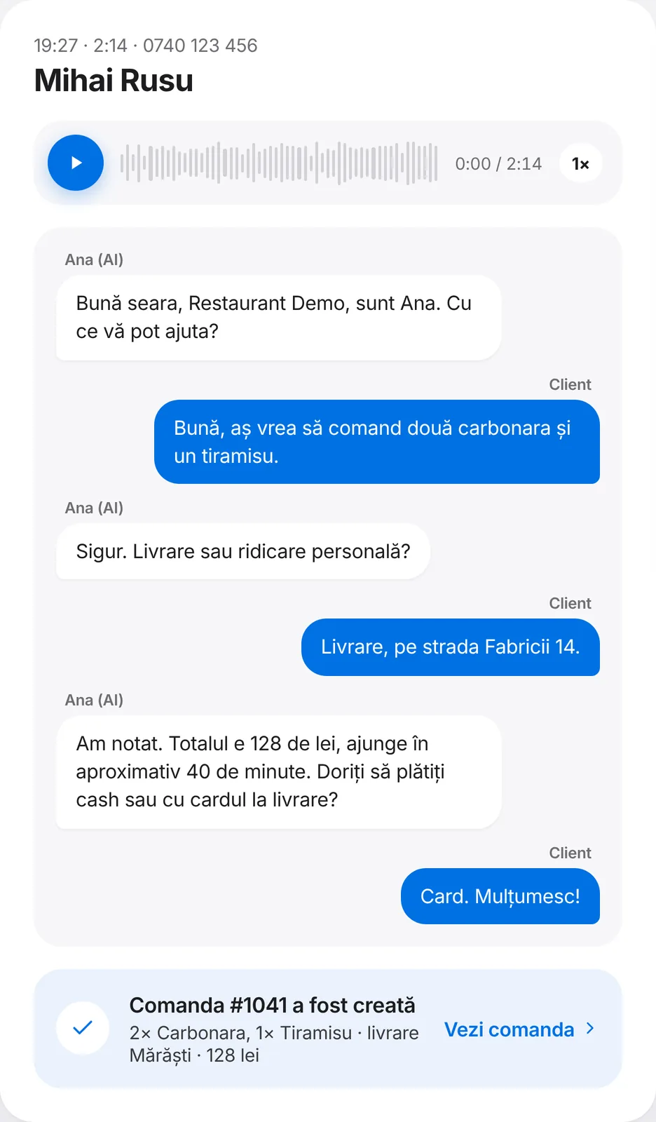 Chiamata gestita dall'agente vocale: trascrizione della conversazione e ordine creato in automatico