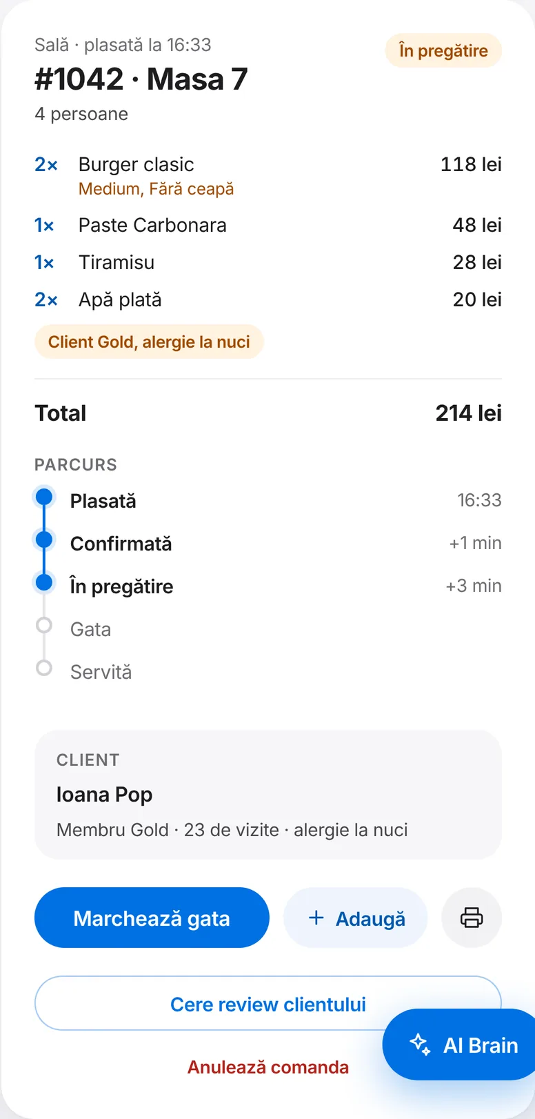 Il dettaglio dell'ordine #1042 del tavolo 7, con il percorso e i dati del cliente