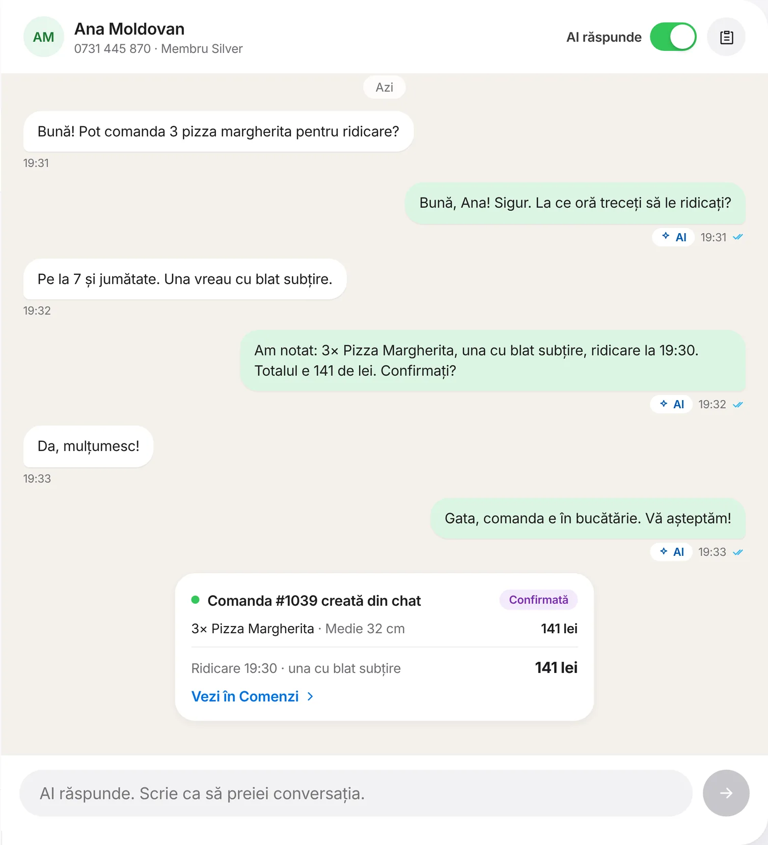 Conversazione su WhatsApp in cui l'AI prende un ordine di pizza da asporto